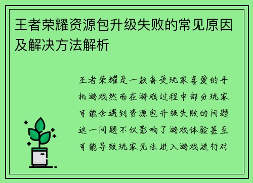 王者荣耀资源包升级失败的常见原因及解决方法解析